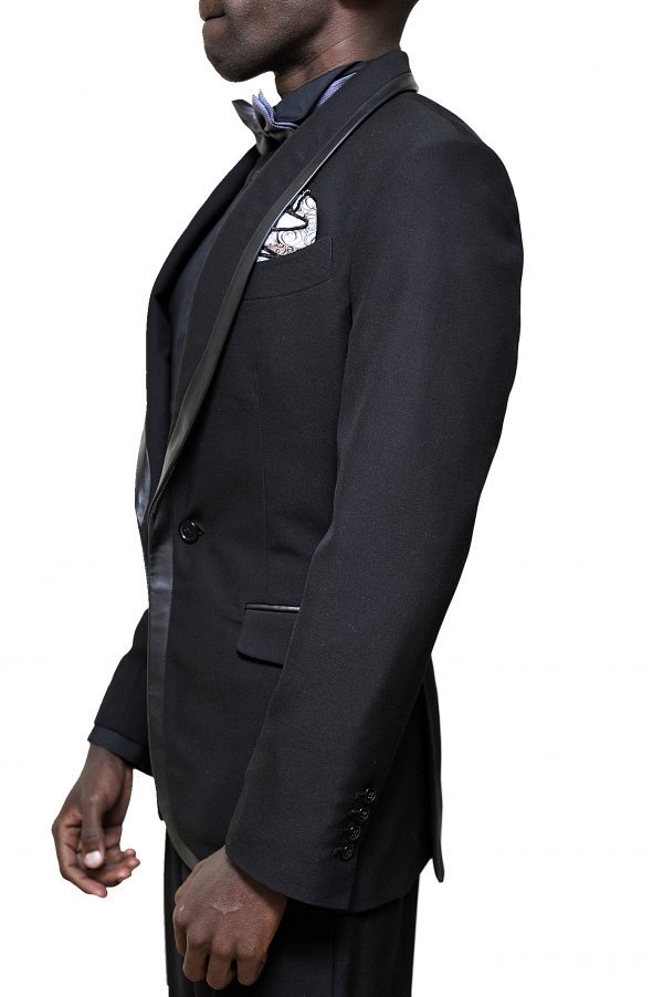 Black leather trim tuxedo by King Sidney side view