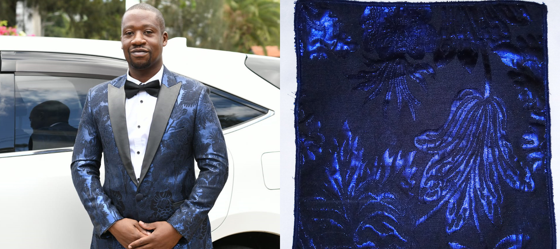 Blue brocade dinner jacket for wedding appearance Kenya