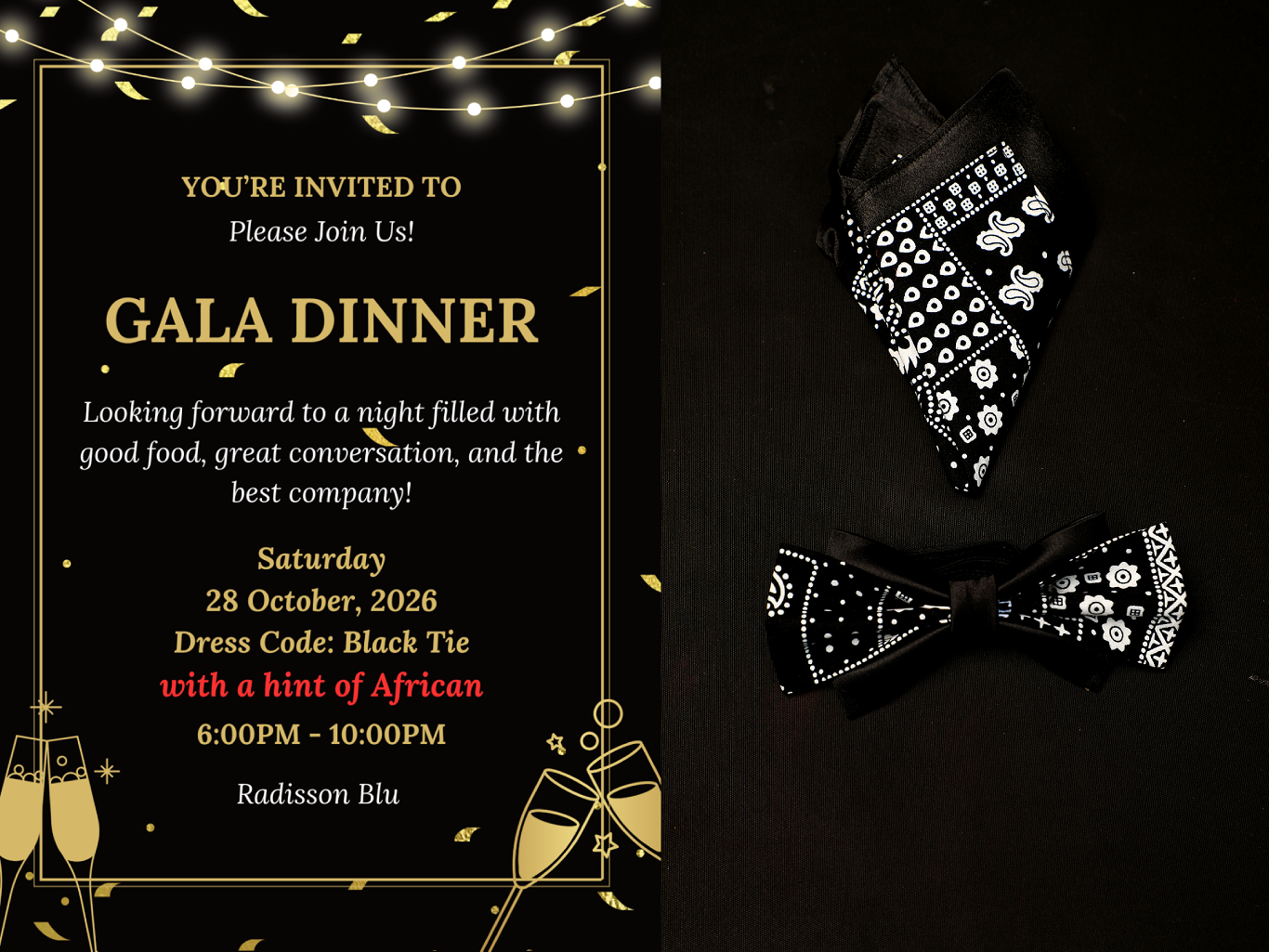 King Sidney gala dinner African themed bow tie and pocket square